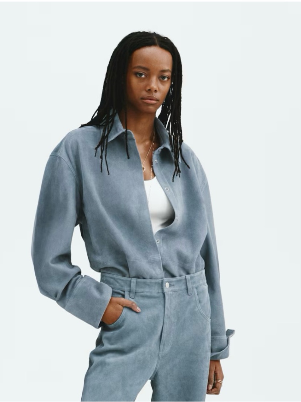 NWT H&M STUDIO COLLECTION SPRING 2026, DUSTY BLUE SUEDE SHIRT SIZE S, MSRP $419